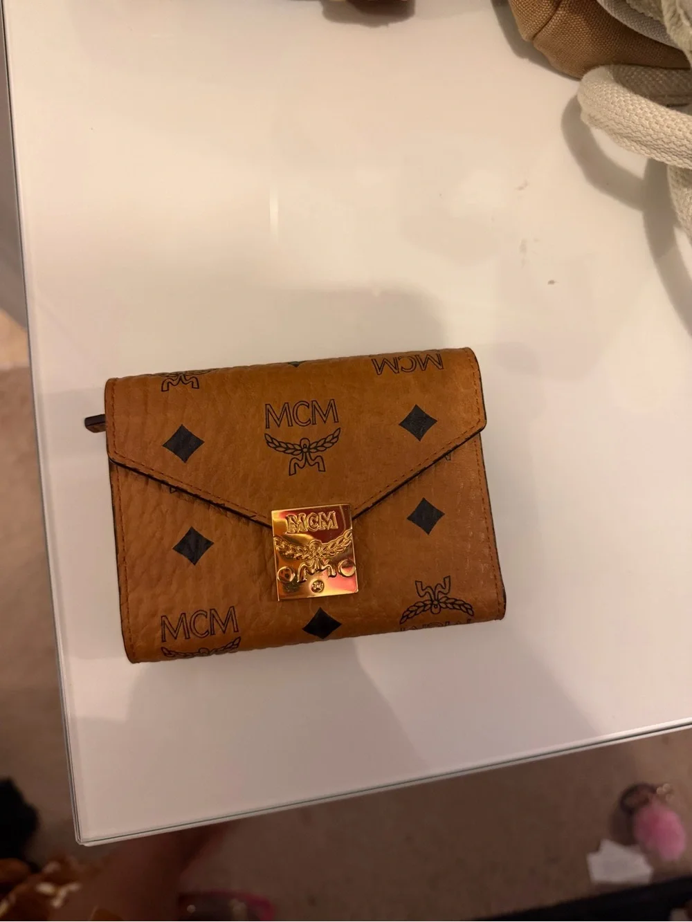 MCM Cognac Logo Envelope Card Holder with Gold Lock